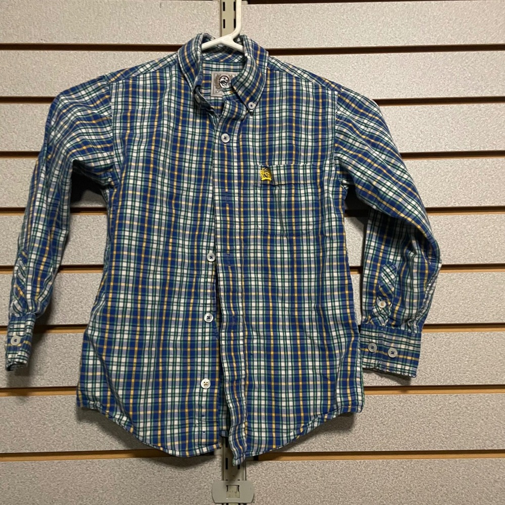Cinch Boys‎ XS 4/5 Blue Green Yellow Plaid Western Long Sleeve Button Down Shirt
